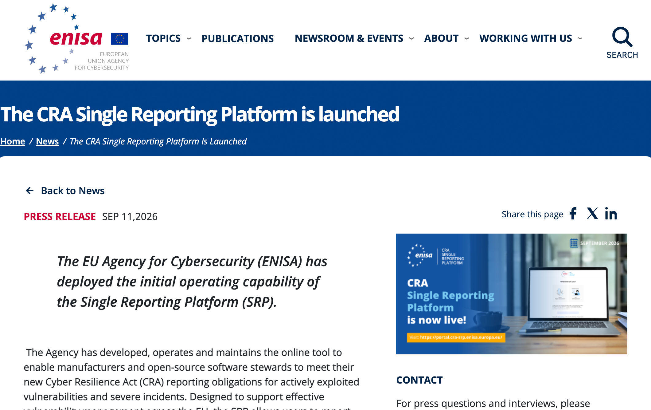 Captura da página oficial da ENISA que anuncia, a 11 de setembro de 2026, o lançamento da Single Reporting Platform do Cyber Resilience Act.