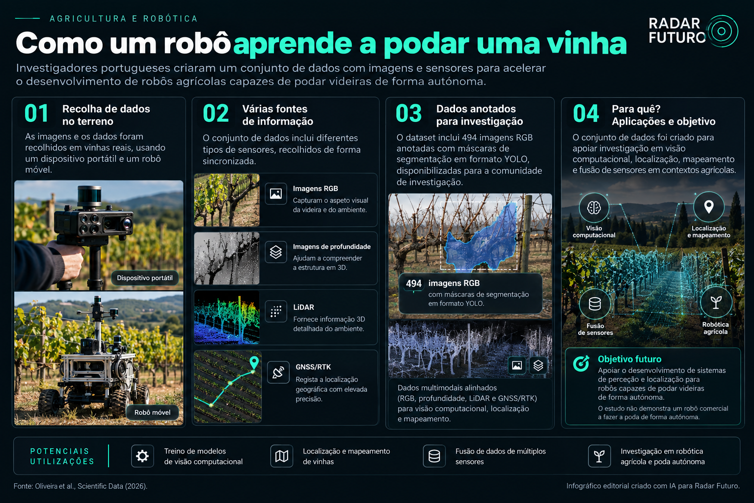 Infográfico que mostra a recolha e combinação de imagens RGB, profundidade, LiDAR e GNSS/RTK para investigação em robótica aplicada à vinha.