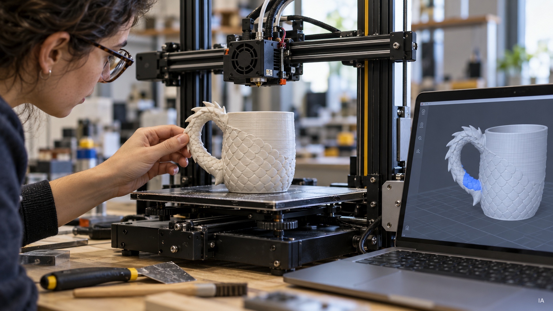 Ilustração de uma investigadora a examinar uma caneca numa impressora 3D, ao lado de um portátil com o modelo digital.