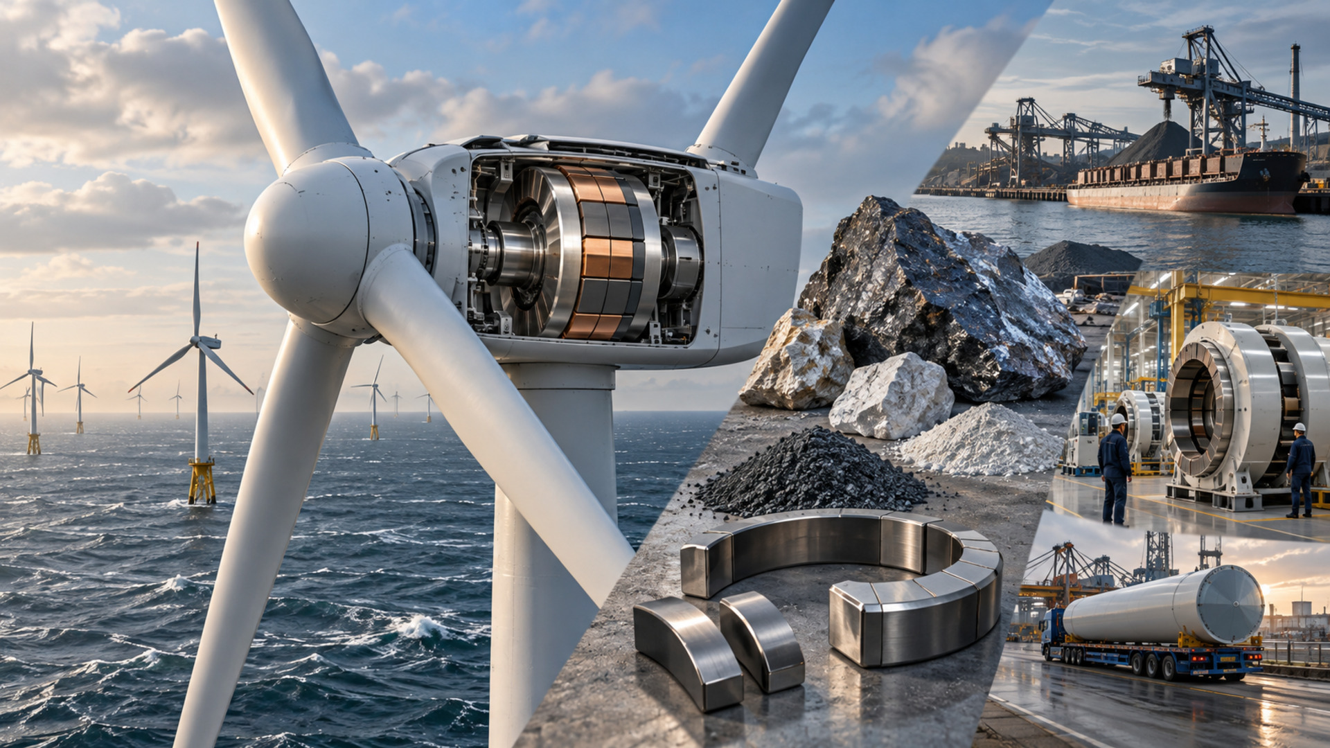 Ilustração conceptual de turbinas offshore e materiais magnéticos, sem representar um parque específico.