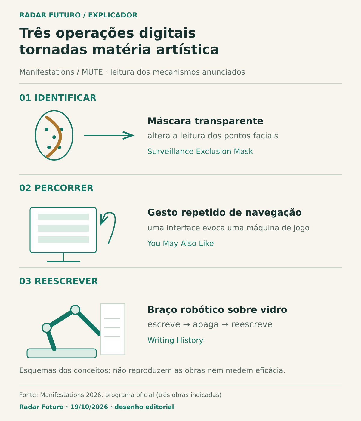 Três esquemas: face com pontos e superfície transparente, ecrã com gesto repetido e braço robótico diante de vidro. Correspondem aos conceitos anunciados de Surveillance Exclusion Mask, You May Also Like e Writing History.