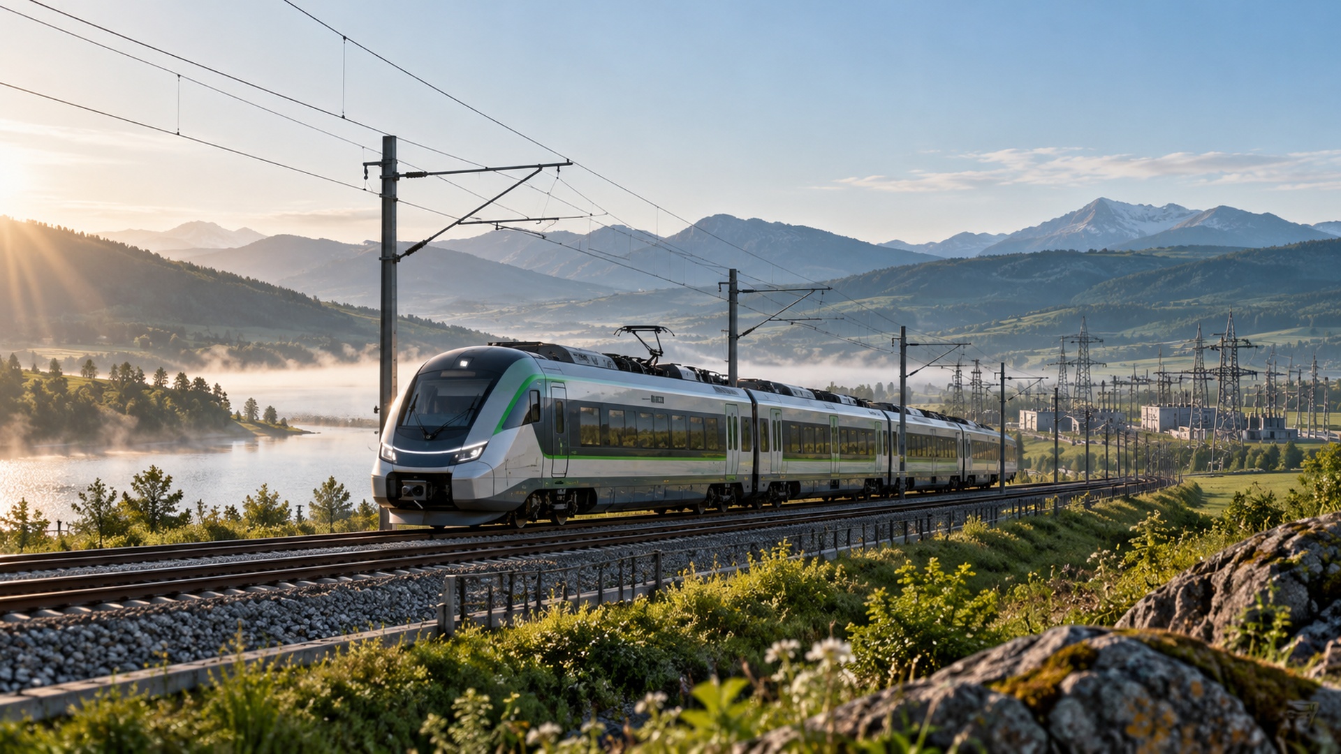 Ilustração conceptual gerada por IA: comboio elétrico genérico sob catenárias, com infraestrutura elétrica na paisagem; não documenta uma implementação do estudo.