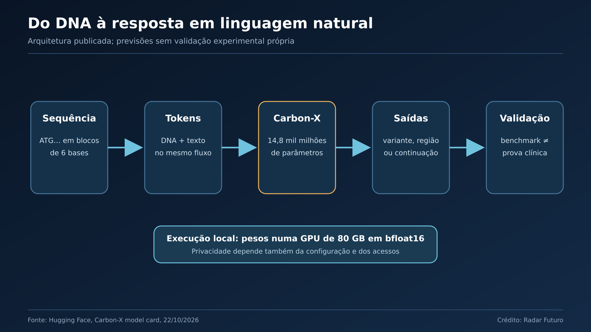 Pipeline de tokenização e inferência: Mostra 6-mers, fluxo único, tarefas de saída e pontos de validação.