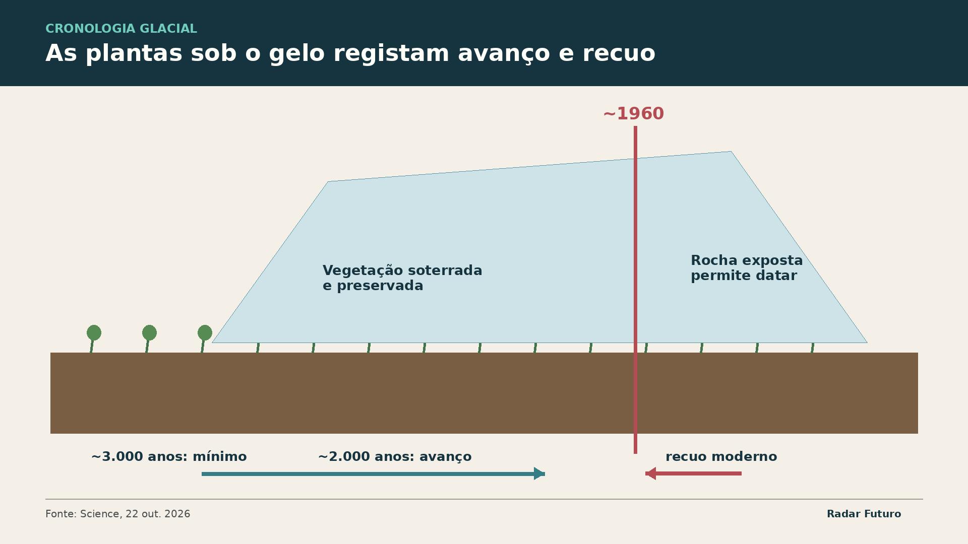 Diagrama Radar Futuro: A posição e idade da vegetação exposta reconstroem dois mil anos de avanço e a inversão moderna.