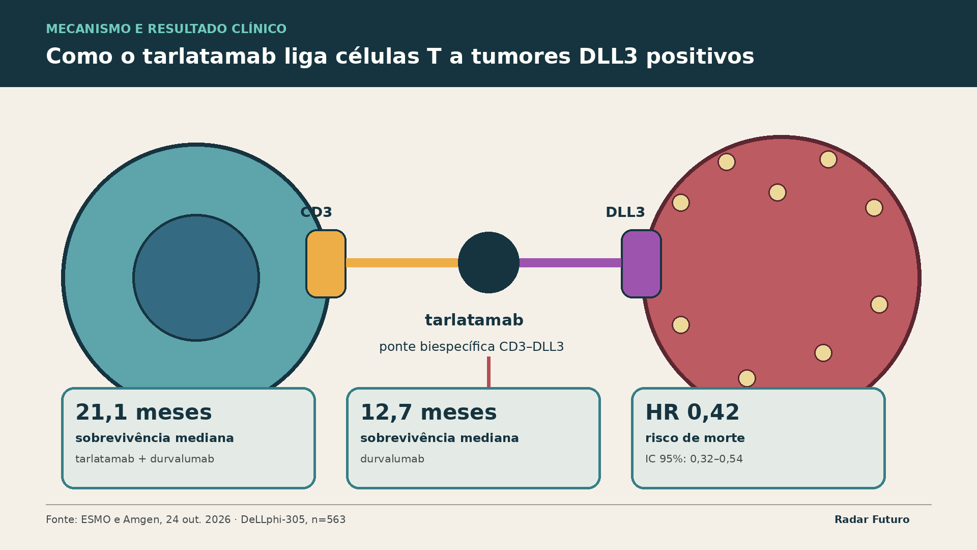 Diagrama Radar Futuro do mecanismo CD3–DLL3 do tarlatamab e dos resultados principais de sobrevivência do ensaio DeLLphi-305.