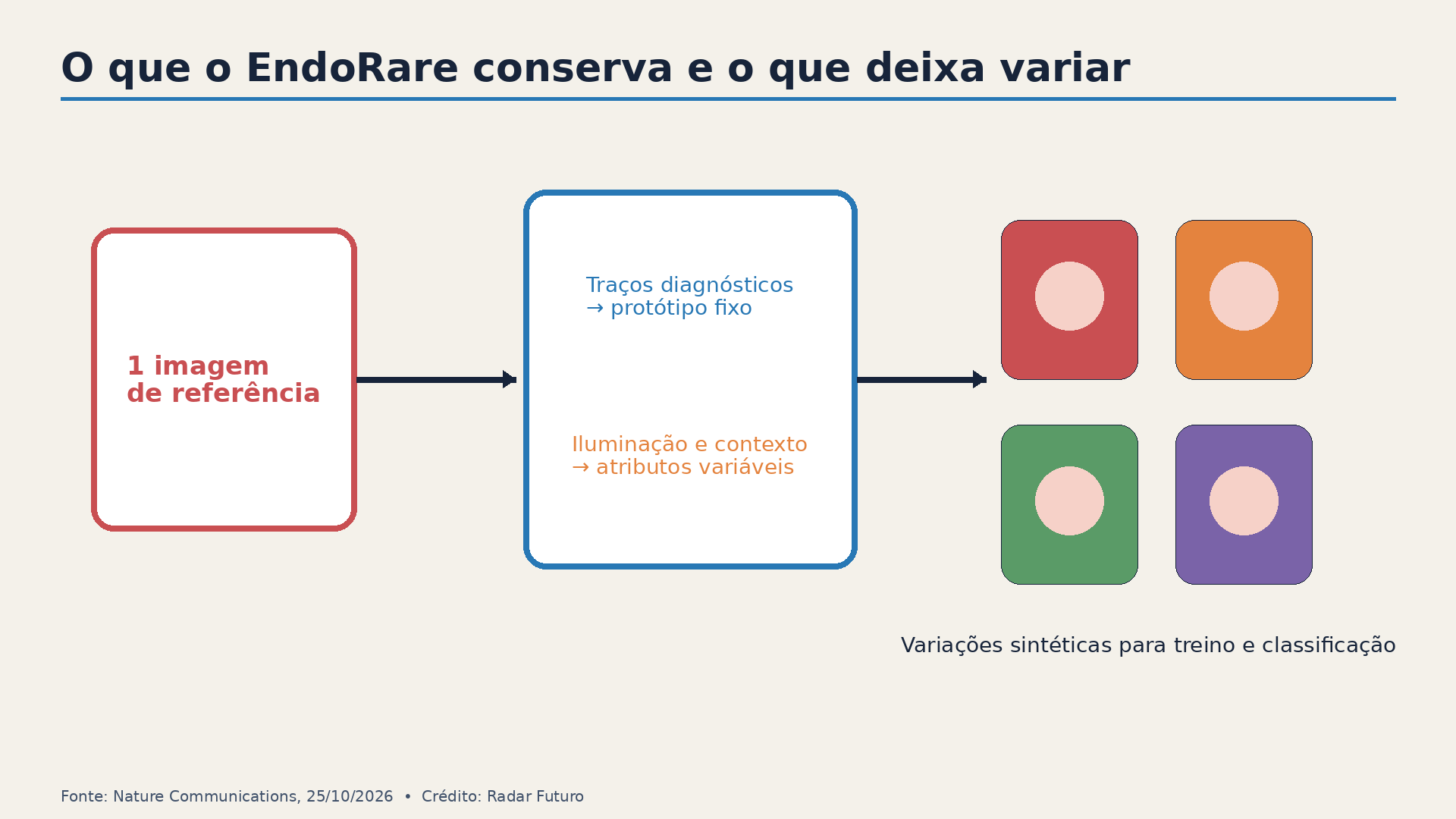 O EndoRare conserva traços diagnósticos e varia atributos não diagnósticos para gerar exemplos sintéticos.