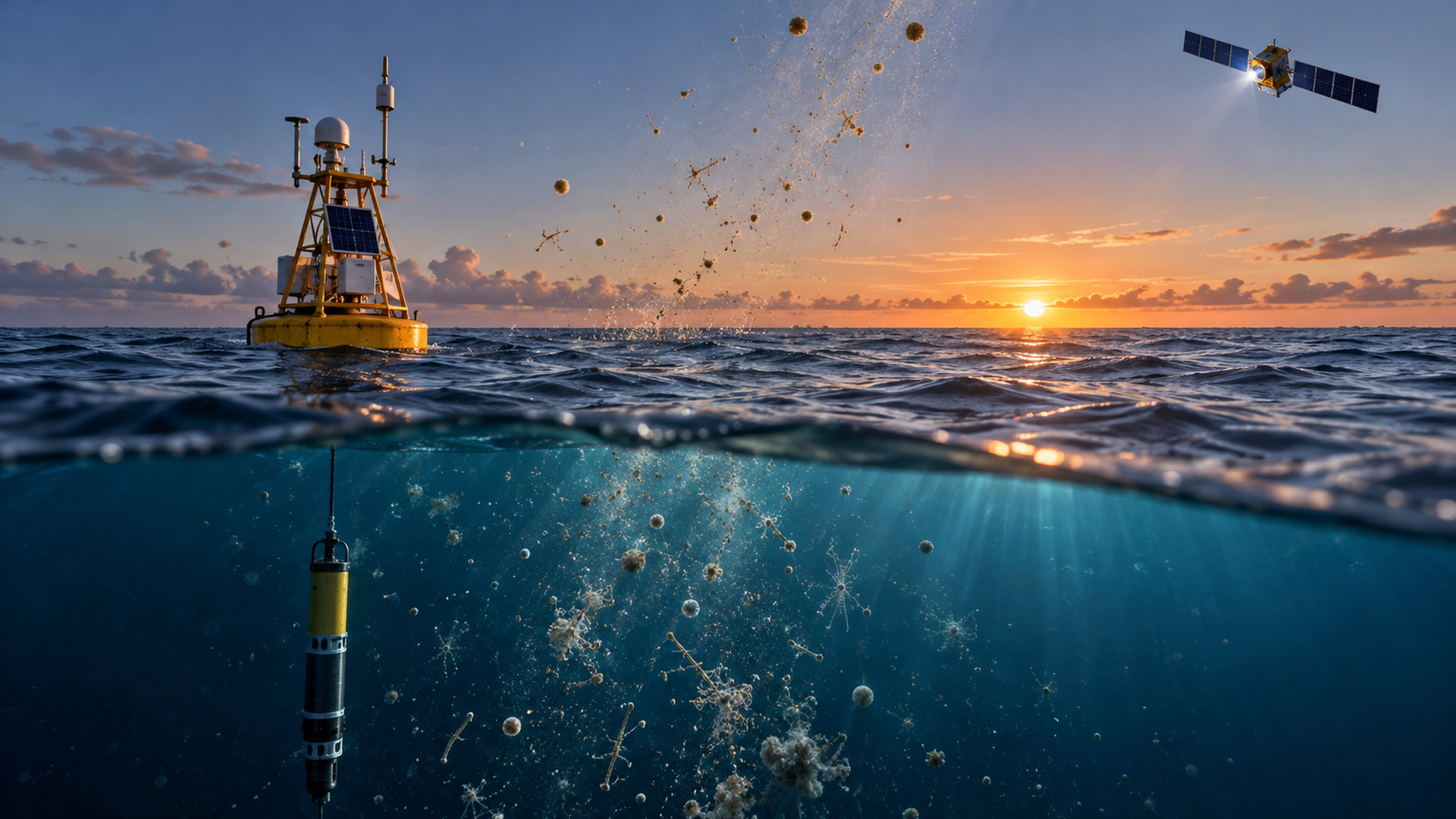 Boia, sensor submerso e satélite observam o oceano; imagem conceptual gerada por IA.