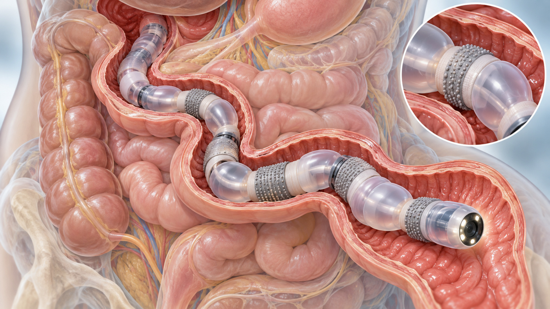 Ilustração conceptual gerada por IA de um robô mole no interior do intestino; não representa o protótipo real.